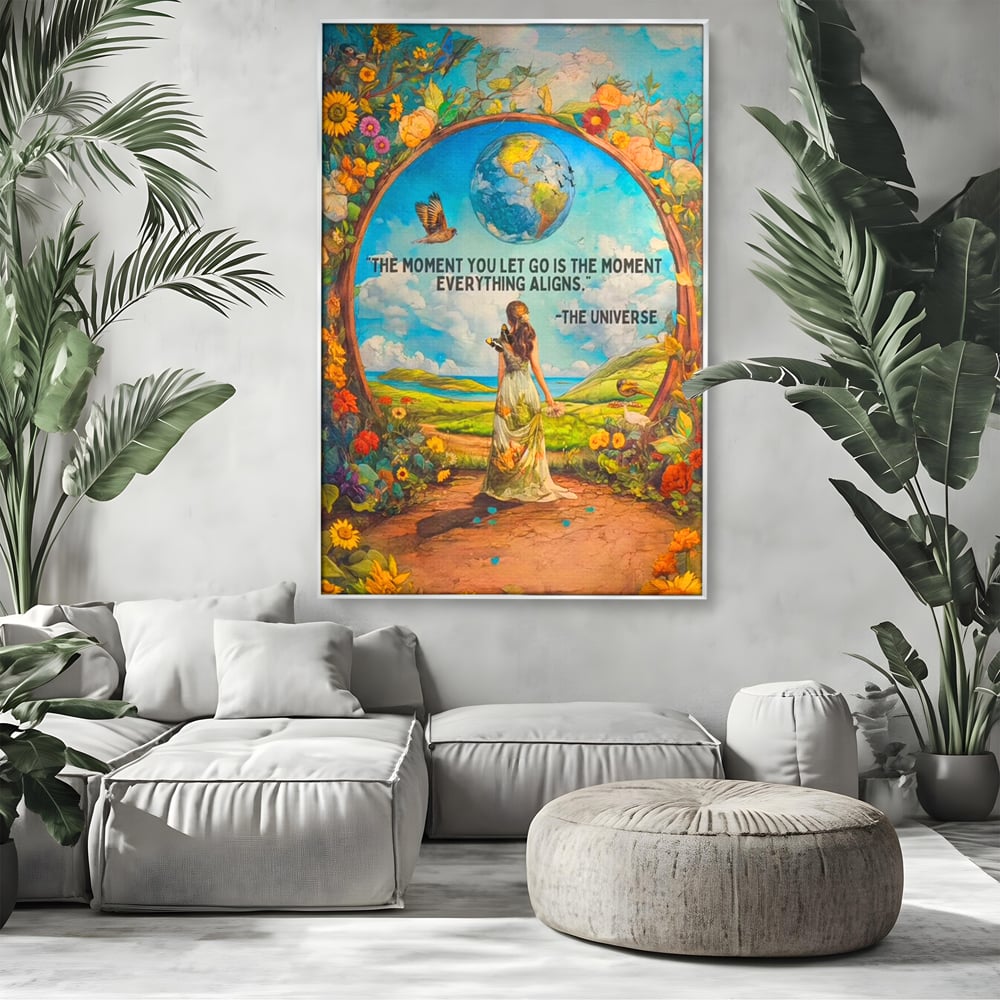 Tablou canvas cu tablou canvas cu femeie pe poteca si glob pamantesc, in rama de aluminiu argintiu, pe perete intr-un living